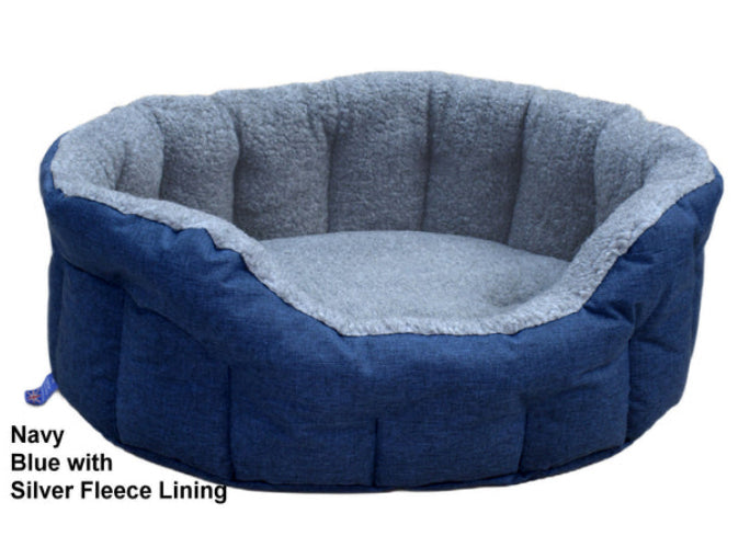 P&L Premium Oval Bolster Drop Fronted Sherpa Fleece Lining Bed - Blue / Silver